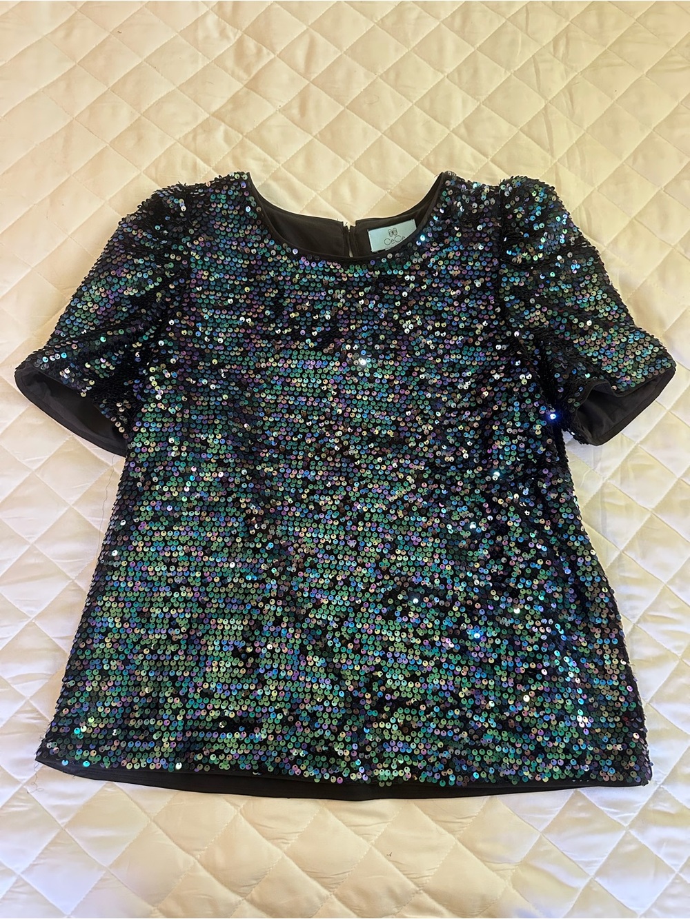Sequin Short Sleeve Top - Black with Iridescent Sequins